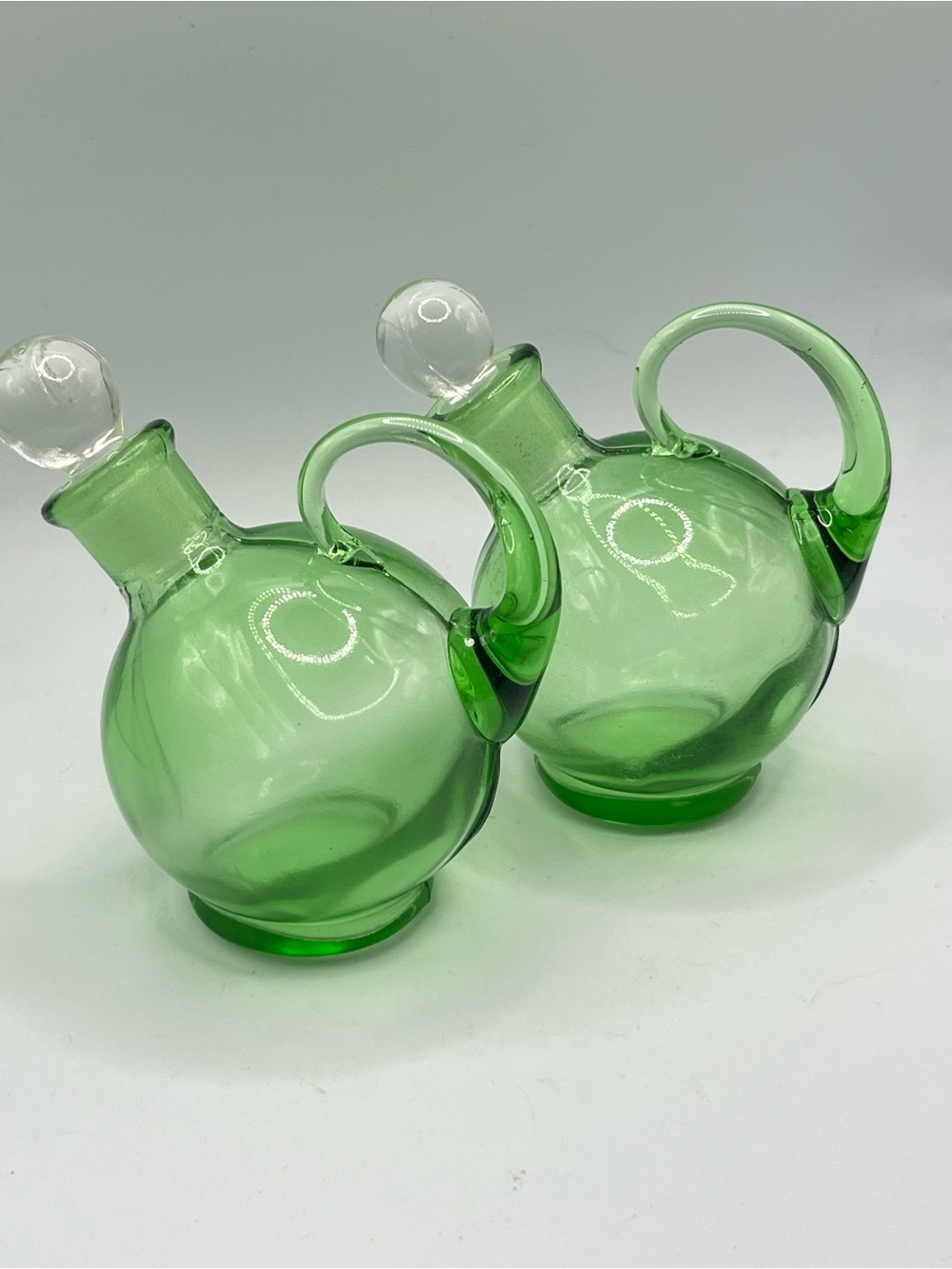 Pair of Vintage Art Deco Green Glass Ball Tilt Decanters
